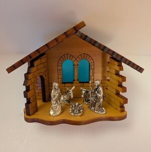 Wooden Nativity Scene with Silver Figurines
